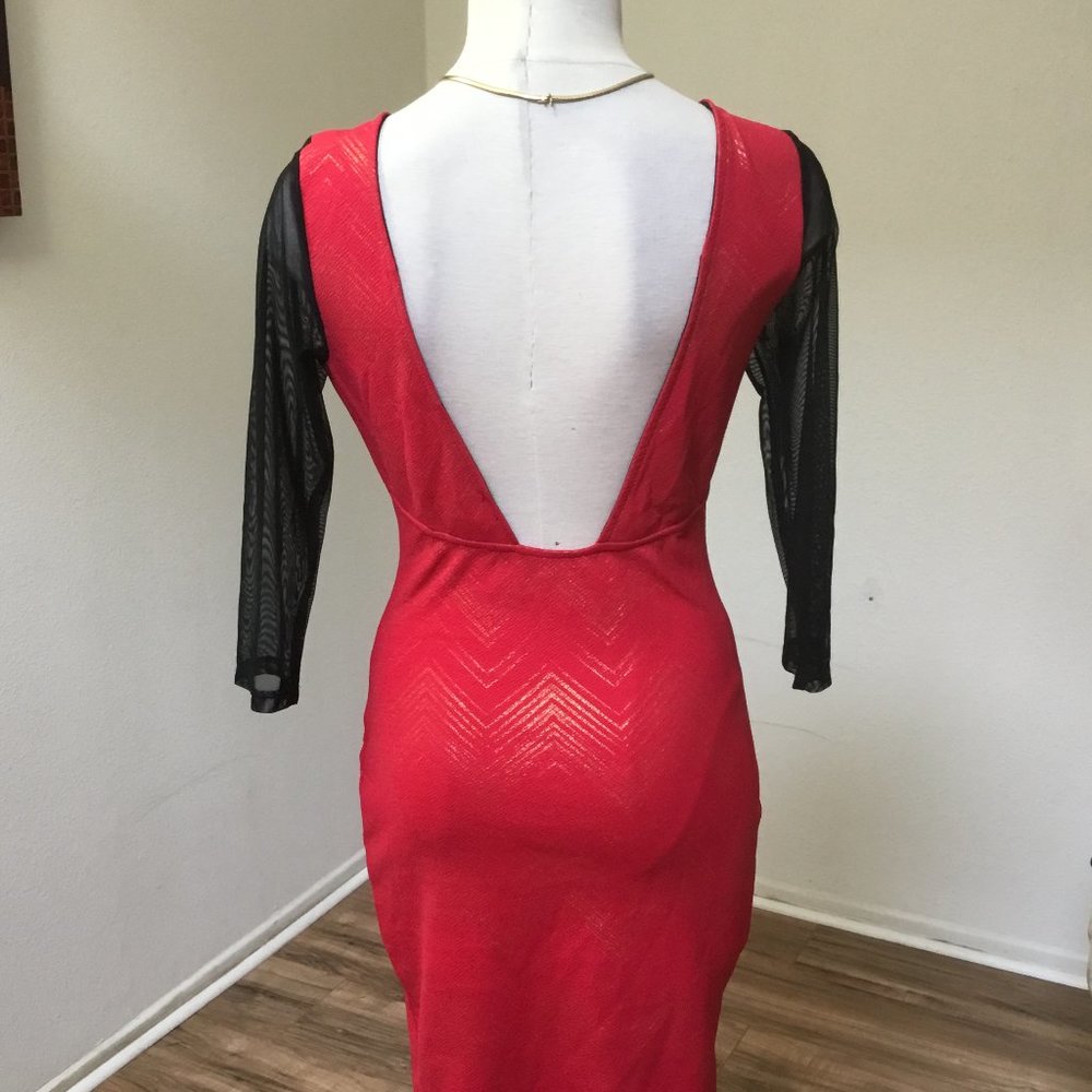 IPONA Deep Backless Short Dress Pencil Mesh 3/4 Sleeve M